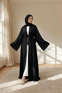 Abaya élégante à poches latérales en polyester, ensemble assorti avec hijab en mousseline légère, tenue islamique modeste pour le printemps et l'été, pour adultes musulmans - Product Image 6