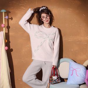 TPY0 Winter Women's Two Piece Set Polyester Breathable Cute Sweet Style Long Tops <strong>Pants</strong> Solid Home Pajamas - Product Image 5