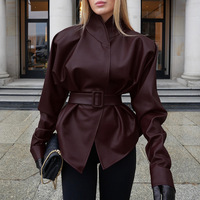 Veste slim premium bordeaux pour femme en similicuir PU, manteau personnalisé pour l'hiver et le quotidien