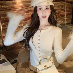 Maglione Coreano 2026 con Patchwork e <span class=keywords><strong>Piume</strong></span>, Maniche Lunghe, <span class=keywords><strong>Maglia</strong></span> Aderente Tinta Unita - Product Image 1