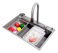 Évier de cuisine de luxe en acier inoxydable SUS304 noir nano, fait main, multifonction, avec cascade et fonction pluie, évier simple pour poste de travail