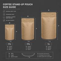 Sachet de café personnalisé en kraft naturel anti-odeur avec valve, pochette verticale refermable à fermeture éclair 250g 500g 1kg pour l'emballage de grains biologiques