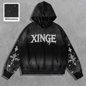 Nueva Sudadera con Capucha Oversize de Streetwear Primavera 2026 para Hombre, con Estampado Gráfico de Letras de Pedrería Personalizado, Hombros Caídos y Corte Boxy Cropped - Product Image 2