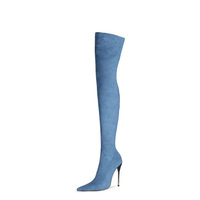 Bottes à bout pointu de grande taille, bottes en velours au-dessus du genou, bottes hautes pour femmes, talons fins sexy, bottes longues, chaussures de travestissement