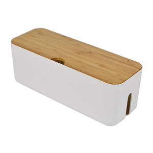 Bamboo Cable Management Box Organizer for Extension Cord Power Stripe Storage.Plastic Wire Management Box with Bamboo Cover