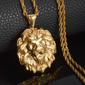 Pendentif Tête de Lion Sculptée en 3D, Luxe, Personnalisable, en Acier Inoxydable 316L Plaqué Or 18K, pour Collier Homme à Maillons Cubains Fins - Product Image 1