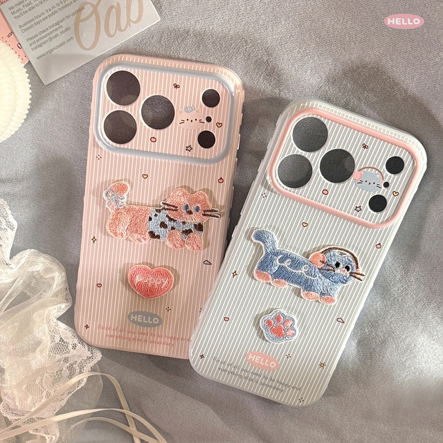 Popular Striped Cat Embroidery Cartoon Mobile Phone Case for iPhone 18 17 16 15 14 13 Pro Max Luxury Phone Cover for Women Girl