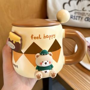 3D manyetik çıkarılabilir bal ayı kupa kalınlaşmış seramik kapaklı kupa ve kaşık kahve kupa - Product Image 3