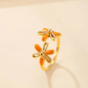 Vente en gros de fleurs en émail coloré anneau ouvert pour femmes en acier inoxydable couleur or anneaux de mode bohème bijoux cadeau - Product Image 5