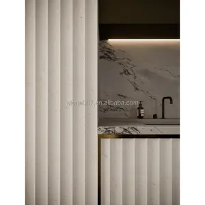 SHIHUI Oem Interior Decoration White Travertine Concave Honed Fluted Wall Marble Tiles In Pieces For Kitchen Island Platform