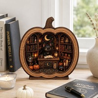 Chainlink Witchy Pumpkin Black Cat Wooden Bookend Engraved Miniature Scene Halloween Tabletop Decor Keepsake Gift