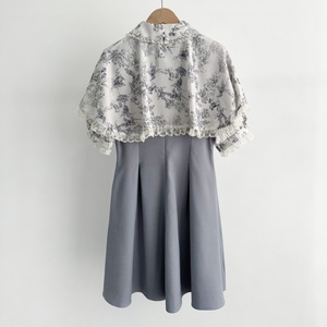 Ngọt Ngào Bow Tie Ren Lần Lượt Xuống Cổ Áo Ngắn Tay Áo Ăn Mặc Với Áo Choàng In Màu Sắc Tương Phản Chắp Vá Áo Choàng Ngắn Cho Phụ Nữ - Product Image 4