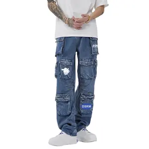 डिज़्न्यू उच्च गुणवत्ता वाले अमेरिकी उच्च सड़क विंटेज कार्गो मल्टी-बैग पुरुषों की जींस सीधे हिप हॉप डिजाइन मॉप पैंट