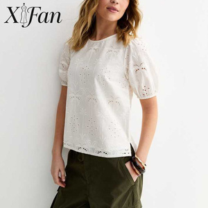 Blusa de Mujer con Mangas Abullonadas, Estilo Retro Francés, Bordado Calado, Diseño Personalizado de Fábrica, Moda Casual de Verano - Product Image 1