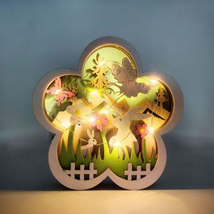 Lampe LED en bois Uionen avec motif floral, lapin et papillon, décoration créative pour bureau, ornement de table, artisanat pour la maison - Product Image 2