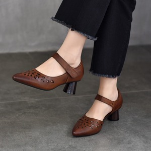 Zapatos de tacón alto cómodos y a la moda para verano, sandalias con punta abierta y orificios, hechas de cuero genuino de vaca, sandalias huecas. - Product Image 3