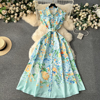 Robe longue imprimée coupe ajustée à col de chemise sans manches personnalisée