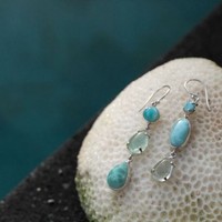 Classique Designer Luxury Collection Larimar Aqua Calcédoine Boucles d'oreilles 925 Sterling Silver Diamond Geometric Dangle Wholesale