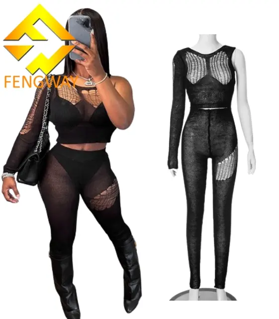 2024 Spring Knitted Black One Shoulder Aushöhlen Langarm aus geschnitten Sexy Crop Top Pants 2-teilige Sets