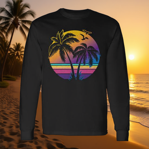 Camiseta vintage de manga larga con diseño de palmera al atardecer para amantes de la playa - Product Image 3