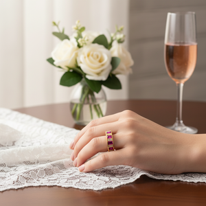 Ruby <b>CZ</b> Stone Rhodium Plated Wedding Band <b>Ring</b> Baguette Design Dainty Turkish Handmade 925 Sterling Silver Jewelry - Product Image 3