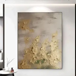 Simple painting, 100% handmade, 3D texture painting green and gold painting, abstract modern living room wall art decoration