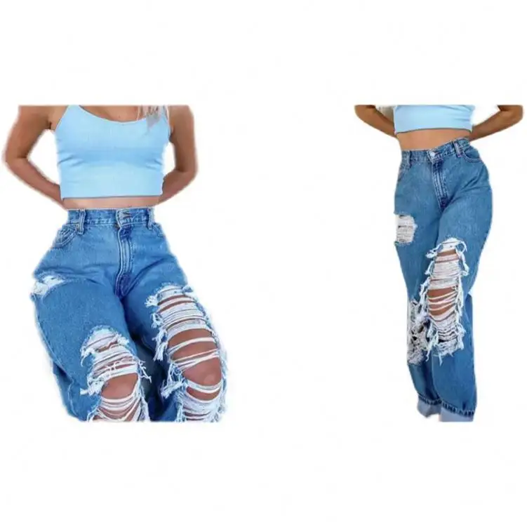 Online Sell Fashion Frayed Jeans Ladies Casual Stretch High Waist Pencil Skinny Jeans with Holes