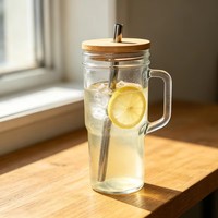 Gobelet esthétique en verre transparent avec poignée et couvercle en bambou, tasse réutilisable avec paille pour café glacé et boissons aux fruits