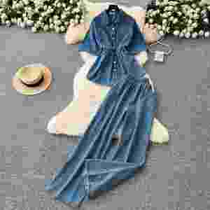 Ensembles Y2K pour femmes d'été, haut à col polo et pantalon en jean à taille élastique, vêtements en gros - Product Image 2