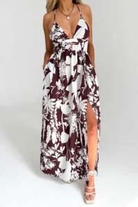 Personalizado Deep V Neck Halter Cross Scoop Backless Floral Impreso Side Leg Slit Mujeres Casual Vestidos de vacaciones Vestidos largos - Product Image 2