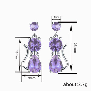 Pendientes Colgantes de Gato Morado E3827, Chapados en Plata, Aleación de Zinc, Joyería de Moda con Forma de Animal para Mujer, Regalo, Corte Brillante Redondo - Product Image 5