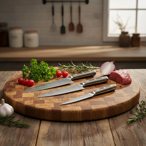 Ensemble de couteaux de cuisine de chef en acier martelé à 3 pièces avec manche en bois Pakka, logo personnalisé promotionnel, <span class=keywords><strong>couteau</strong></span> <span class=keywords><strong>japonais</strong></span> <span class=keywords><strong>Santoku</strong></span> utilitaire - Product Image 2