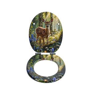 Abattant de toilettes en MDF en forme de <span class=keywords><strong>O</strong></span>, imprimé par transfert thermique motif Cerf de la forêt, avec amortisseur de fermeture douce, pour salle de bain, article sanitaire - Product Image 2