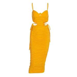 高品質カスタムメイドイエローホルターボディコンセクシーなプリーツミディナイトプロムイブニングガウンワンピース - Product Image 3