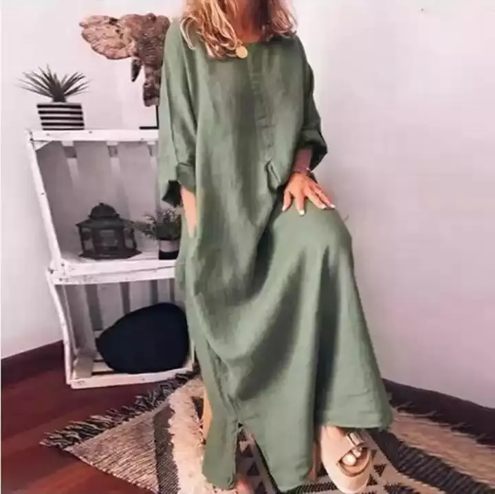 Hengshengda OEM ODM donna nuovi arrivi abbigliamento donna personalizzato manica Maxi abiti lunghi da donna in lino abiti con tasca