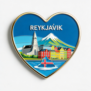 Aimant de réfrigérateur en émail en forme de cœur, souvenir de <span class=keywords><strong>voyage</strong></span> de Reykjavik, <span class=keywords><strong>Islande</strong></span>, avec l'image de la célèbre église Hallgrímskirkja et le paysage urbain, cadeau touristique - Product Image 1
