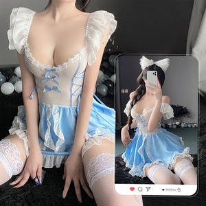 Women Maid Lingerie Dress With Ruffles Bow Lace Push Up Bodysuit <b>Sexy</b> Costume <b>Set</b> Semi Sheer Lingerie - Product Image 1