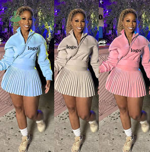 カスタム2ピーススカートセット 秋 冬 2025 レディース服 ルームウェア 長袖パーカー & プリーツスカート カジュアルツーピースセット ガール向け - Product Image 1