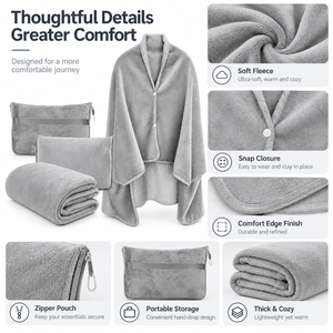 Couverture de voyage en flanelle 2-en-1 avec oreiller intégré, châle pliable à fermeture éclair pour avion, pour hommes et femmes - Product Image 2