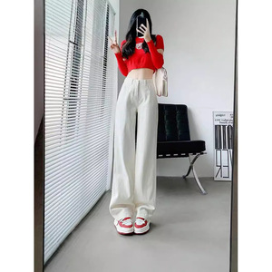 2025 printemps été taille haute droite botte coupe femmes ample jambe large jean polyvalent haute minceur drapé vadrouille pantalon - Product Image 2