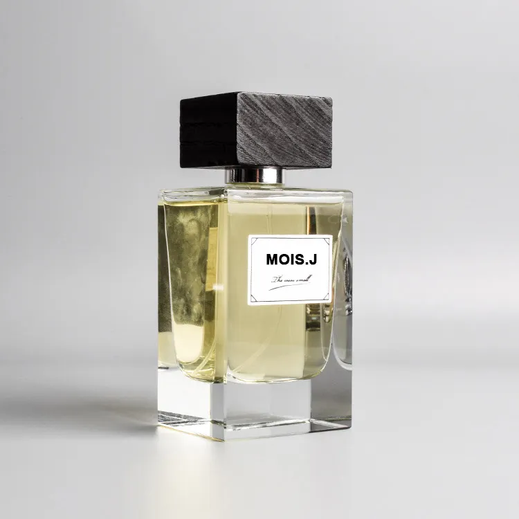 Botella pulverizadora de vidrio para Perfume, transparente, cuadrada, plana, de fondo grueso, con tapa de madera negra, 100ml