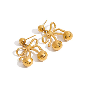 Pendientes con Colgante de Cereza y Lazo, Oro de 18k, Acero Inoxidable, Joyería para Uso Diario de Mujer - Product Image 1