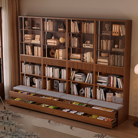 Bibliothèque moderne NKAHS en noyer avec portes vitrées, banc de rangement à cinq niveaux, meuble de salon au design durable