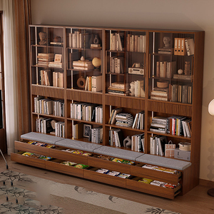 NKAHS Modern Walnut <b>Bookcase</b> With Glass Doors Five Tier Storage Bench Living Room Cabinet Durable Design - Product Image 2