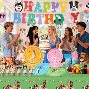 Großhandel Welpen-Party-Set Pappteller Becher Servietten Tischdecke Happy Birthday Banner Tortendekoration Ballon für Haustier-Party-Deko - Product Image 5