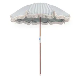 Zon Bescherming Luxe Winddicht Outdoor Sterke Custom Printing Katoen Strand Paraplu Met Kwasten