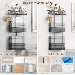 Towel Rack 3 Tier Metal Wall Mounted With Shelves <b>Black</b> Storage Organizer For <b>Bathroom</b> Towels - Product Image 2