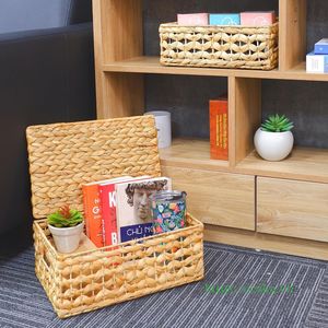 Cesta de Almacenamiento Tejida de Jacinto de Agua Ecológica con Tapa y Asa Estilo Instagram para Dormitorio, Cama o Armario - Product Image 6
