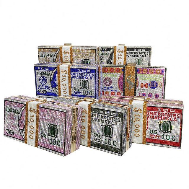 Fashion Trendy US Dollar Glitter Pink Bling Rhinestone Crystal Diamond Crossbody Money Evening Bags Clutch Dollar Purse