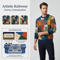 Pull tricoté en intarsia patchwork pour hommes, motif artistique coloré, streetwear de luxe, fabricant d'habillement urbain